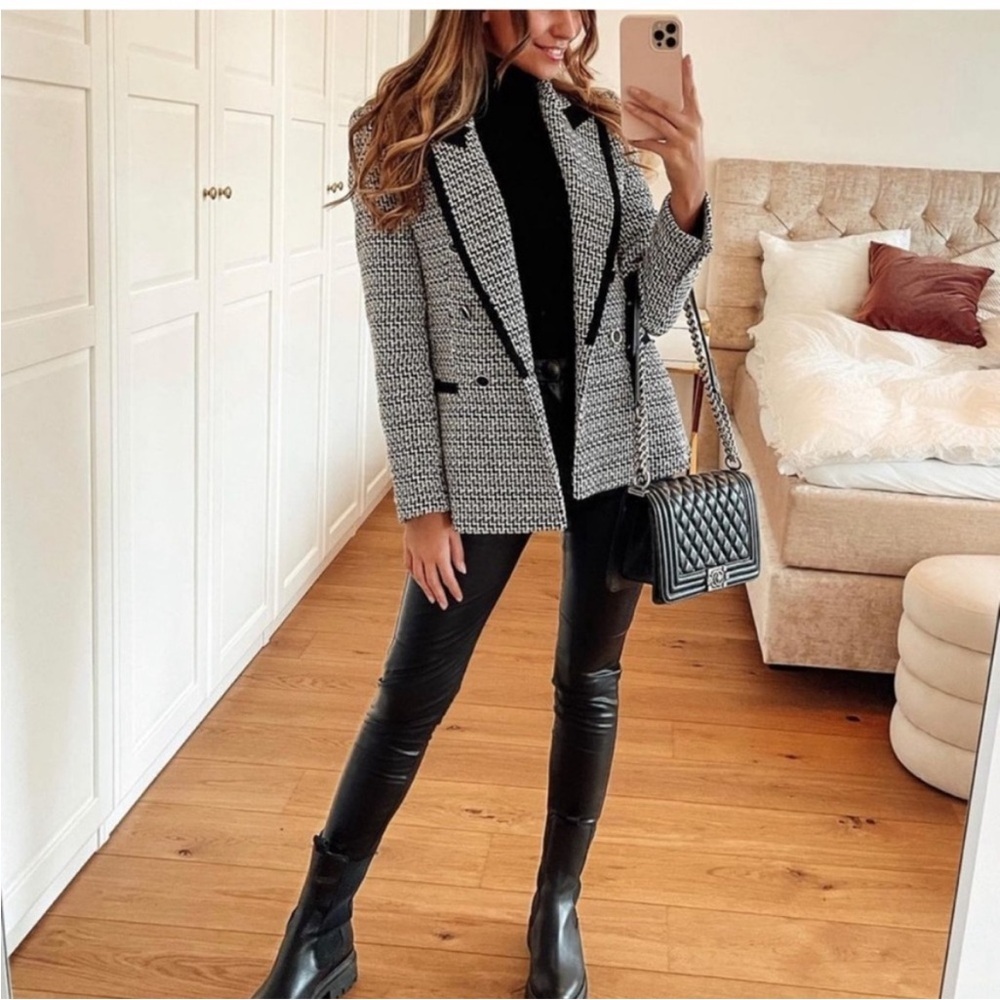 ZARA Structured Double Breasted Blazer Black White Tweed Blogger’s Favorite XL - Picture 12 of 16